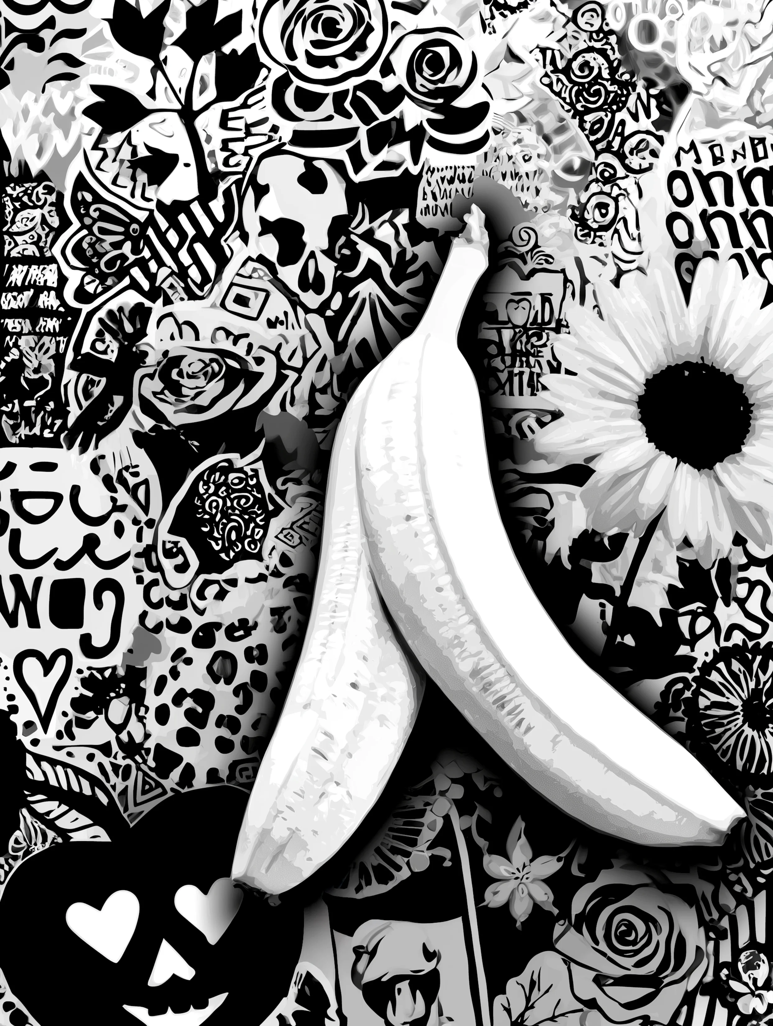 Free printable banana coloring page for adults featuring two bananas and a jack-o-lantern face